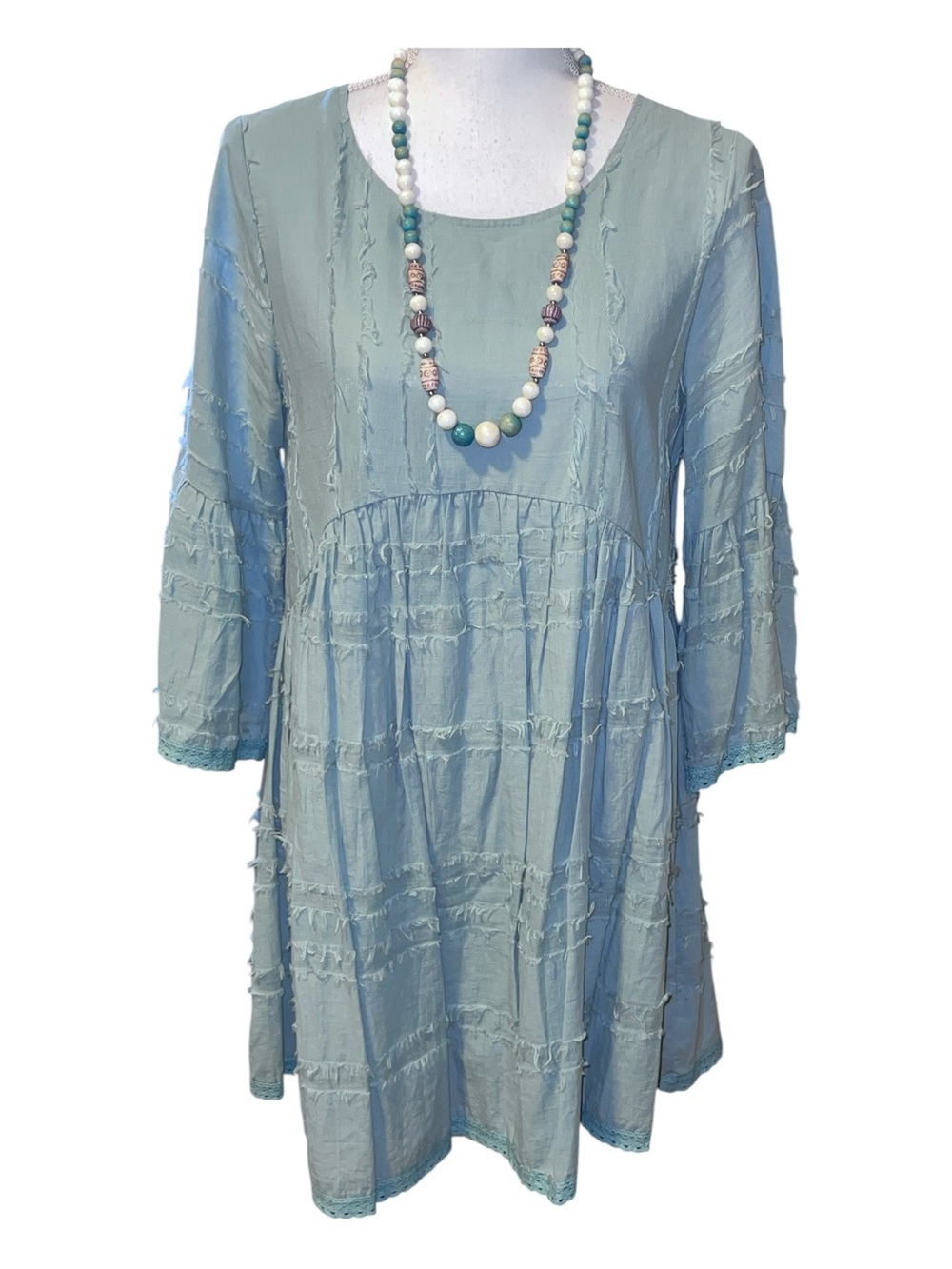 Paisley Vine boho babydoll dress with bell sleeves light sage green
